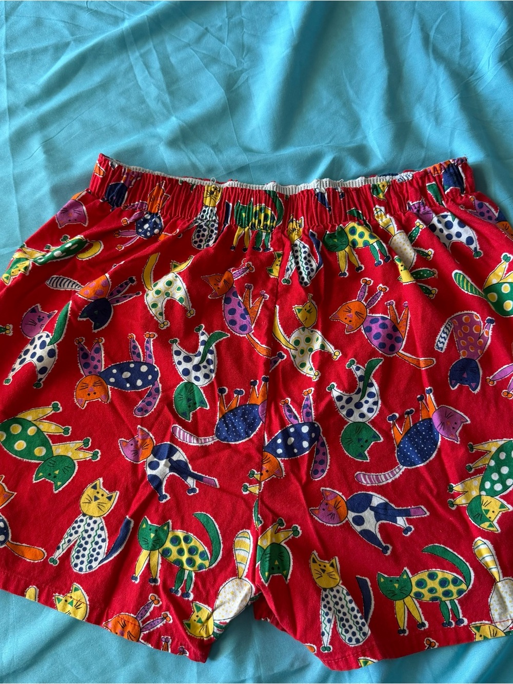 Vintage 80s 90s Red Novelty Cat Print Shorts Elastic Waist Loungewea